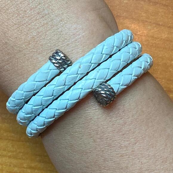 Carolyn Pollack Sterling Silver Mint Braided Leather Unisex Coil Wrap Bracelet - Picture 1 of 4